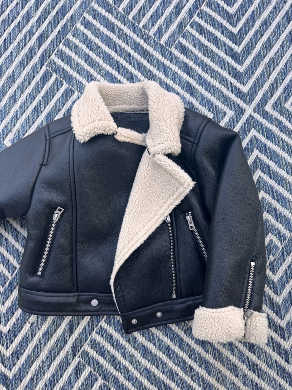 Zara Kids Black Faux Leather Jacket with Cream Sherpa Trim